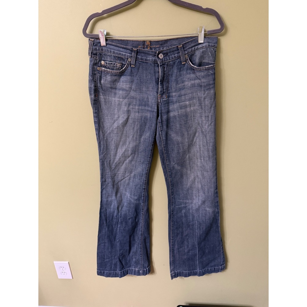 7 For All Mankind Dojo Wide Leg Jeans Size 31 Medium Wash 32" Inseam Distressed